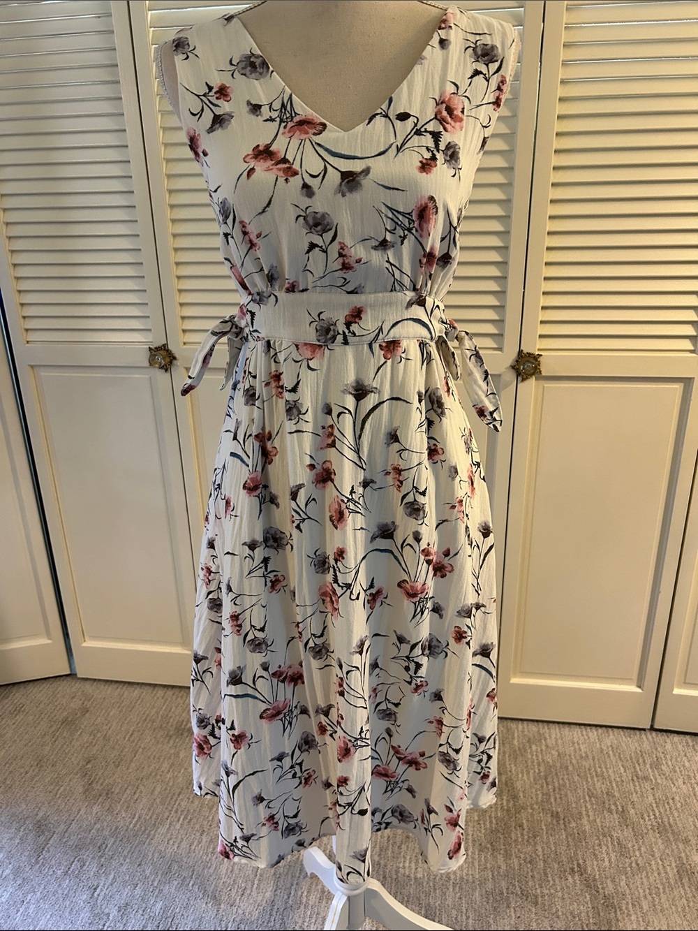 J.O.A. Cream Midi Dress with Pink and Blue Floral Print